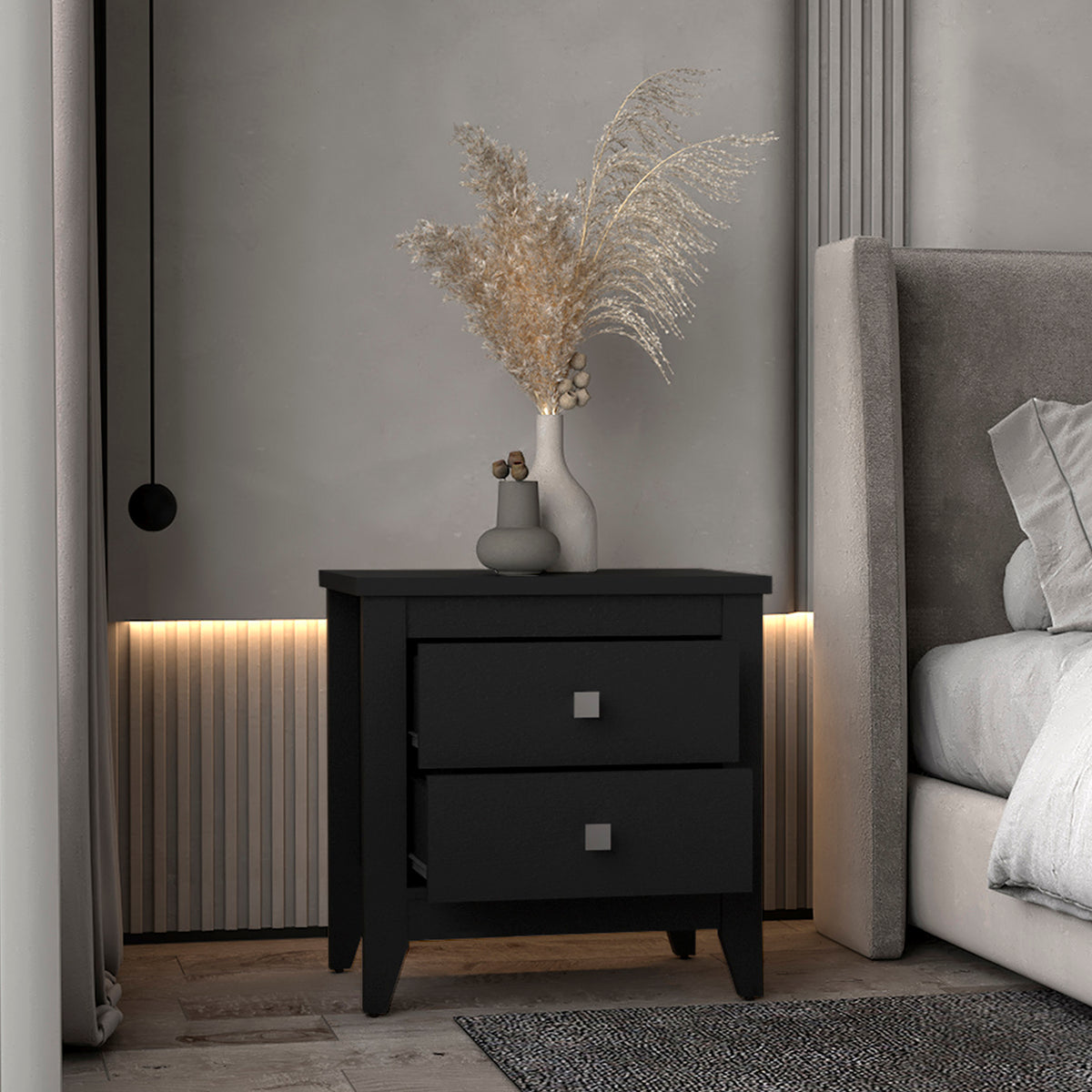TUHOME CONCEPT Mesita de noche Amara de 60 cm con 2 cajones, negro