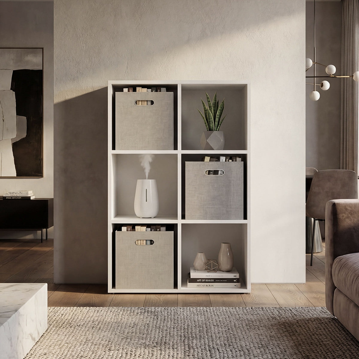 TUHOME CONCEPT Estantería organizadora Lena de 6 cubos con 3 cajas de tela, 92 cm, blanco