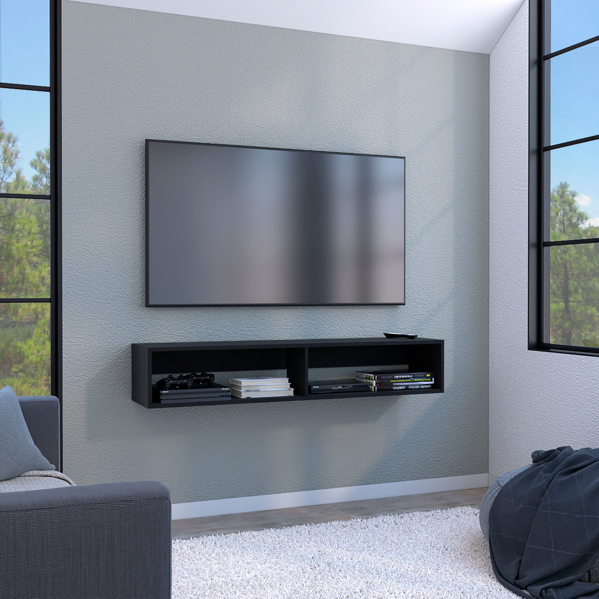 TUHOME CONCEPT Mueble de TV flotante de 150 cm con 2 huecos abiertos, wengué