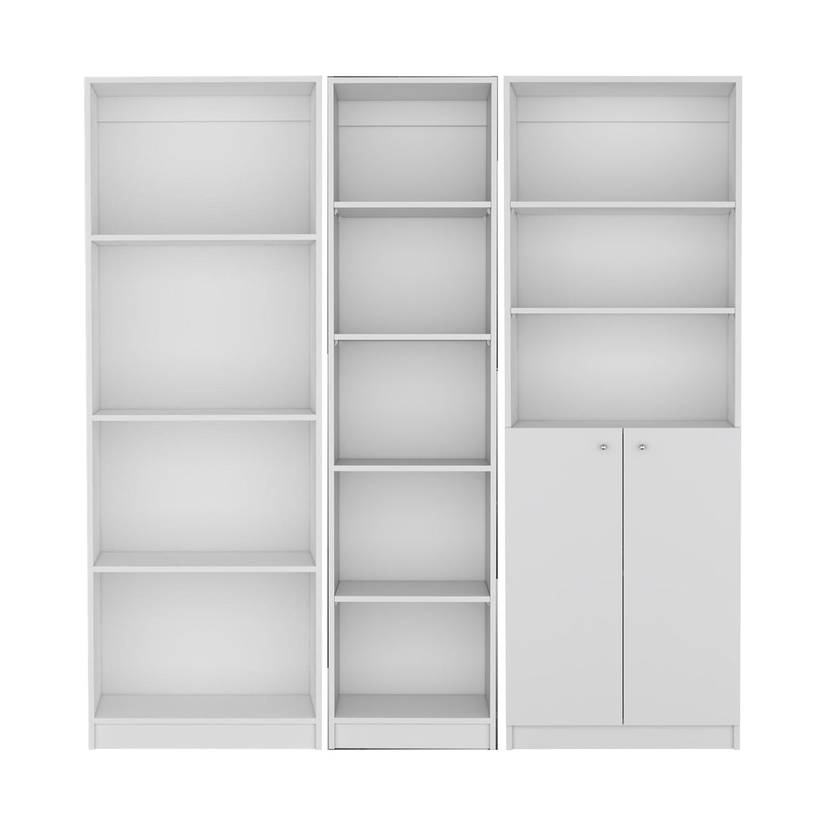 Conjunto de 3 librerías Home de 181 cm: 1 abierta de 4 huecos + 1 XS de 45 cm + 1 con 2 puertas, blanco