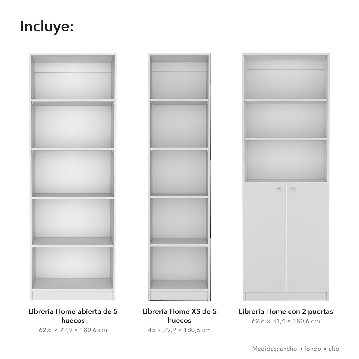 Conjunto de 3 librerías Home de 181 cm: 1 abierta de 5 huecos + 1 XS de 45 cm + 1 con 2 puertas, blanco