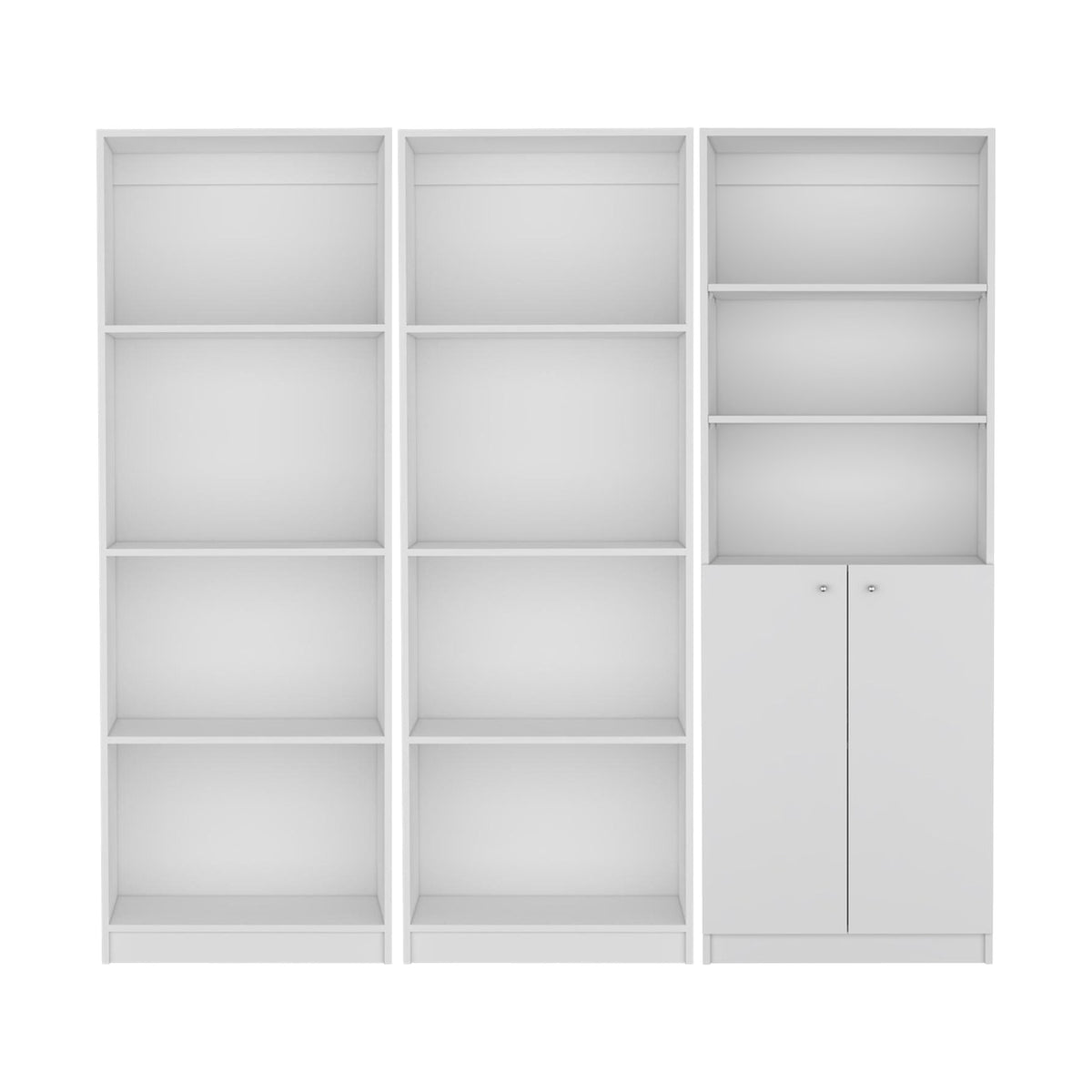 Conjunto de 3 librerías Home de 181 cm: 2 abiertas de 4 huecos + 1 con 2 puertas, blanco