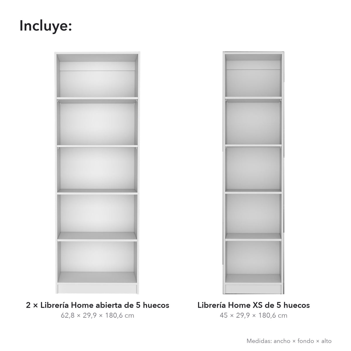 Conjunto de 3 librerías Home de 181 cm: 2 abiertas de 5 huecos + 1 XS de 45 cm, blanco