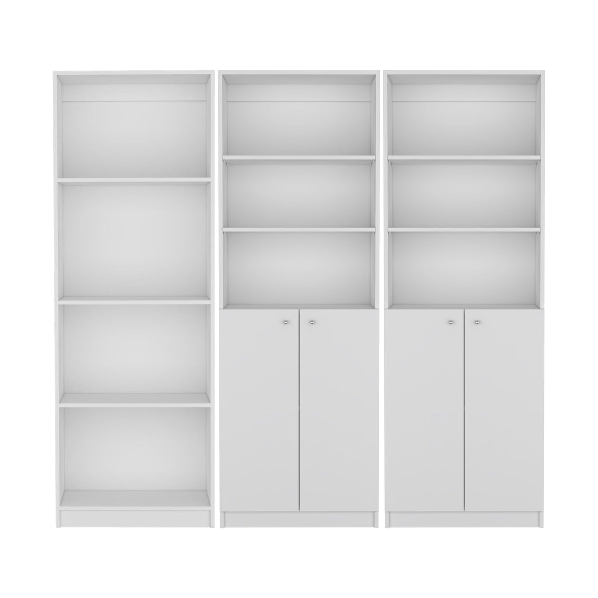 Conjunto de 3 librerías Home de 181 cm: 1 abierta de 4 huecos + 2 con 2 puertas, blanco