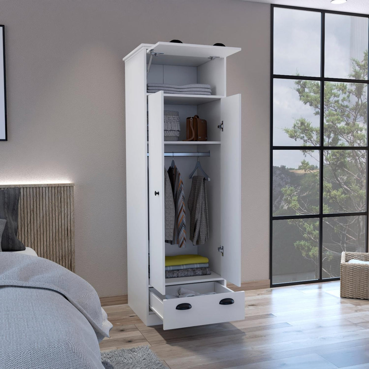 Armario ropero Falkland de 179 cm, blanco, en ambiente – TUHOME