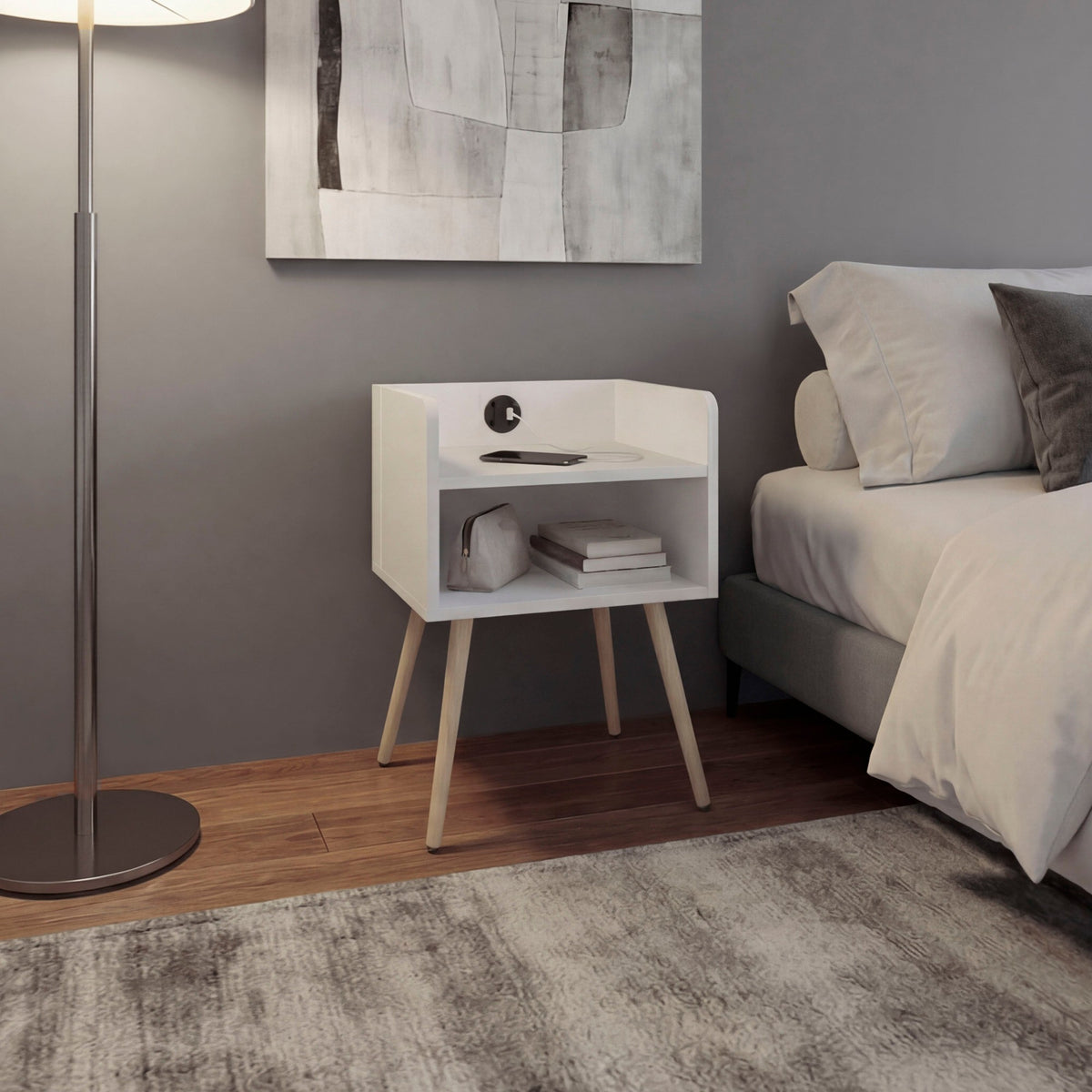 TUHOME CONCEPT Mesita de noche Didi de 40 cm con conector USB y 2 huecos, blanco