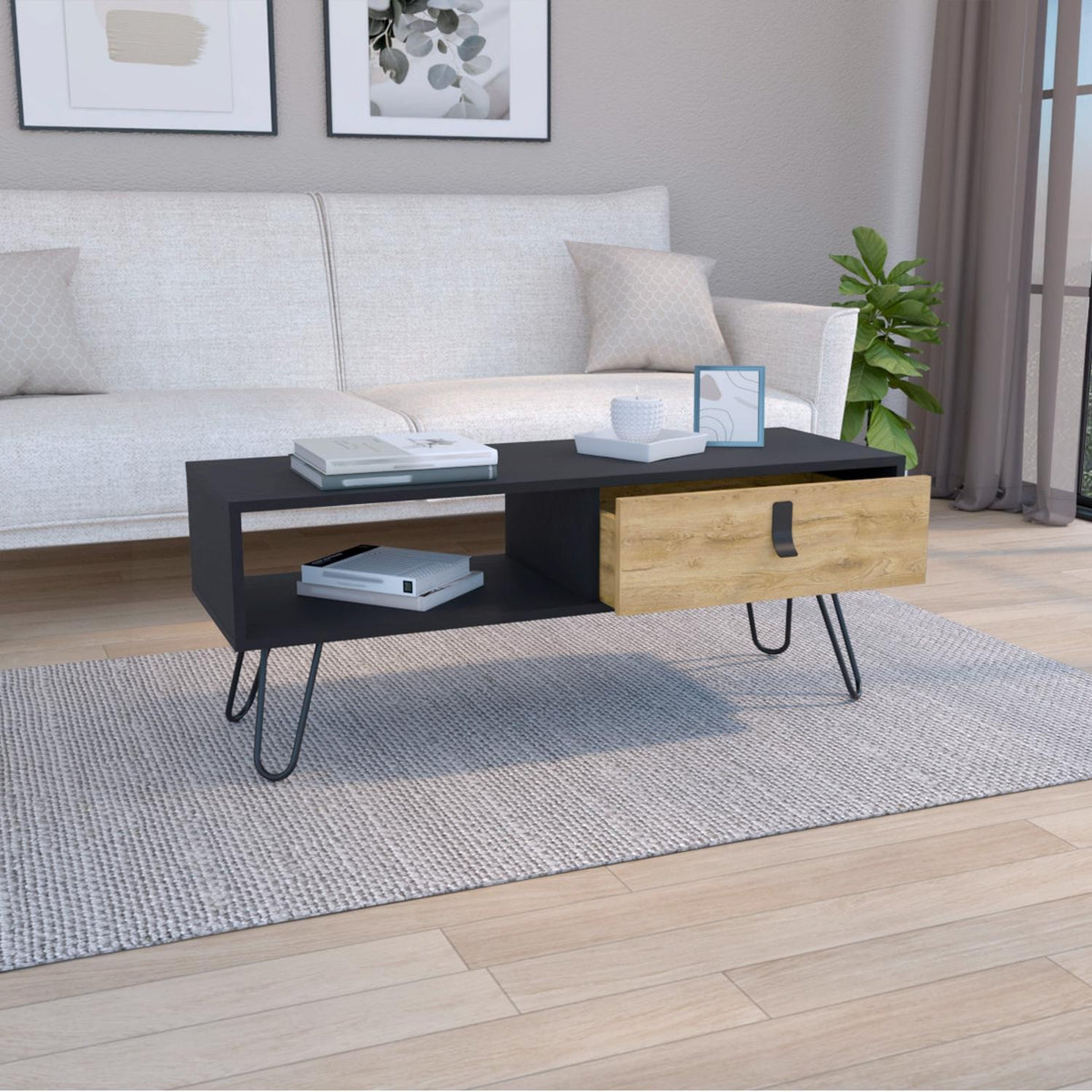 Mesa de centro Huna de 104 cm, wengué y macadamia, en ambiente – TUHOME