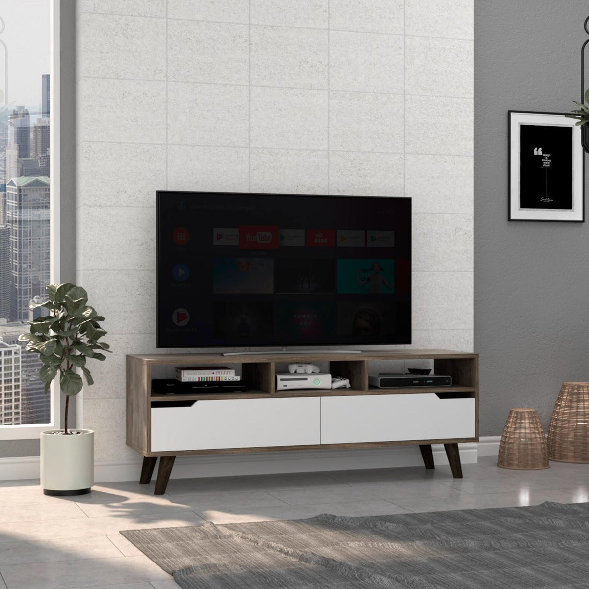 TUHOME CONCEPT Mueble de TV Oslo de 137 cm, roble oscuro y blanco