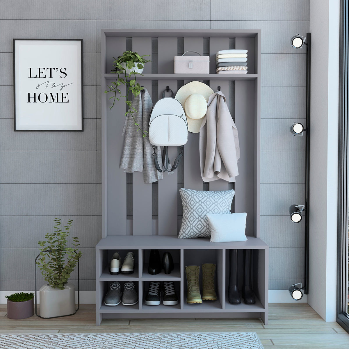 Mueble recibidor Tulcan de 173 cm, gris, en ambiente – TUHOME
