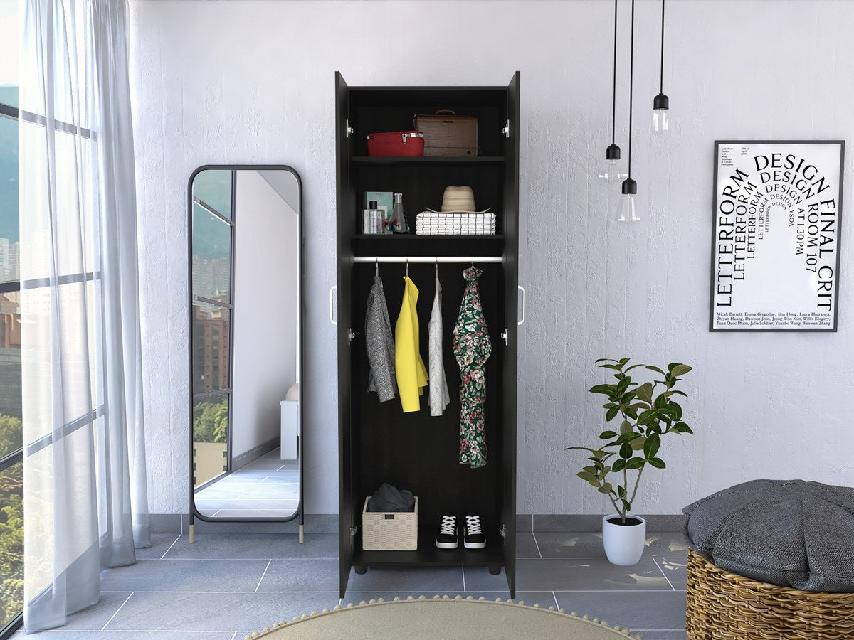 Conjunto de dormitorio: armario ropero Aurora de 180 cm + 2 mesitas de noche Kaia, wengué y roble miel