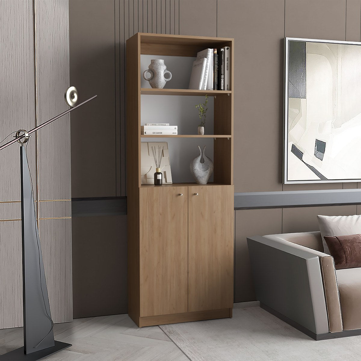 Conjunto de 3 librerías Home de 181 cm: 1 abierta de 4 huecos + 1 XS de 45 cm + 1 con 2 puertas, fresno
