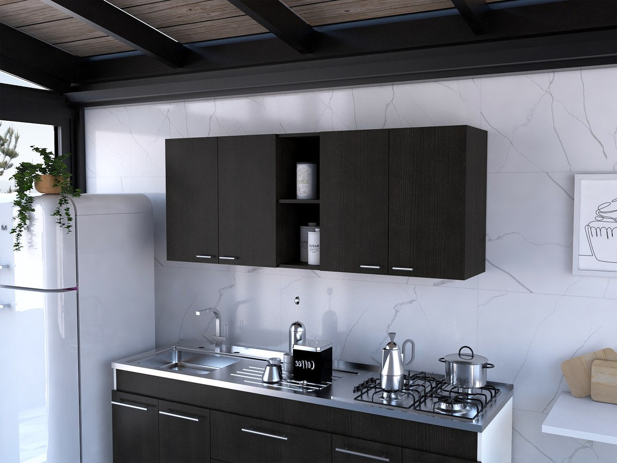 Conjunto de cocina: mueble de fregadero Napoles de 100 cm + mueble alto de pared Portofino de 150 cm, wengué