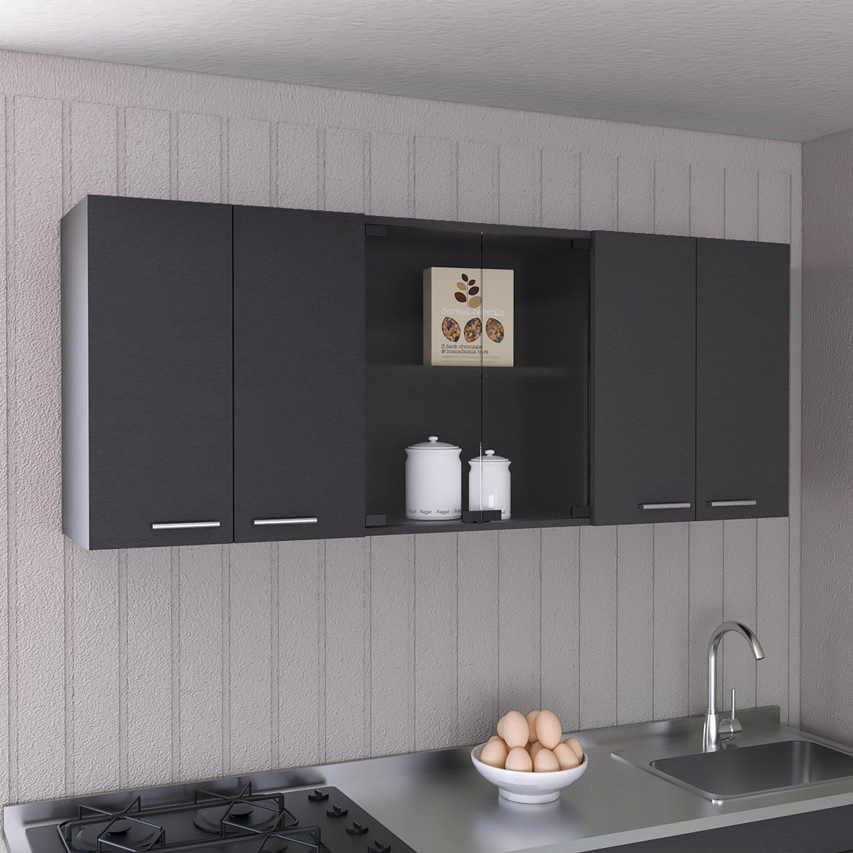 Conjunto de cocina: mueble de fregadero Napoles de 100 cm + mueble alto de 150 cm con puertas de vidrio, wengué