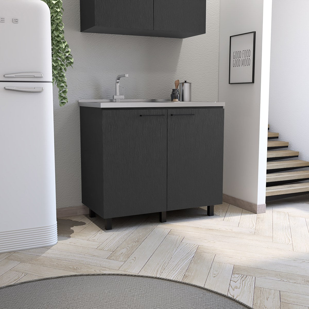 Conjunto de cocina: mueble de fregadero Napoles de 100 cm + mueble alto de pared Portofino de 150 cm, wengué