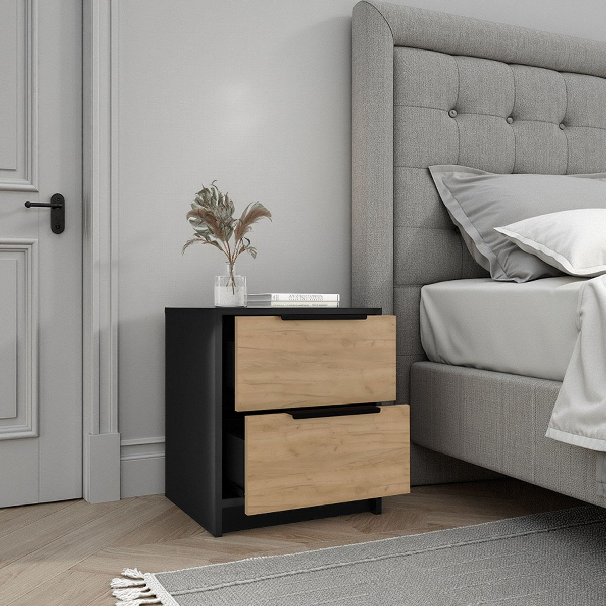 Conjunto de dormitorio: armario ropero Aurora de 180 cm + 2 mesitas de noche Kaia, wengué y roble miel