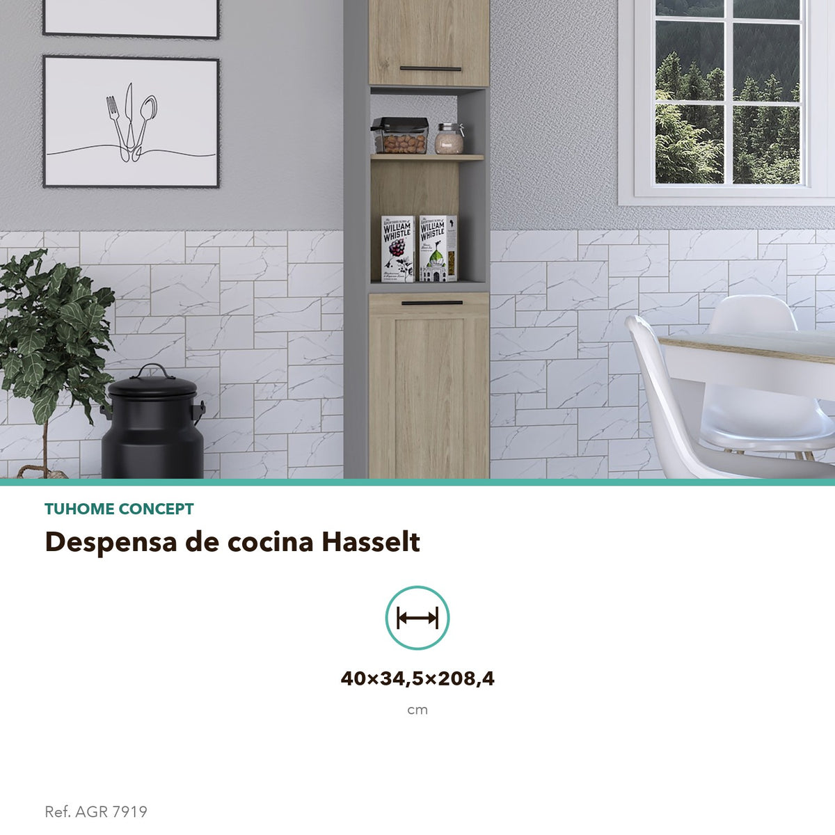 TUHOME CONCEPT Despensa de cocina Hasselt de 208 cm, gris y roble claro