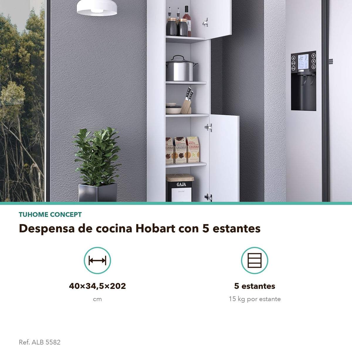 Despensa de cocina Hobart de 202 cm, blanco, infografía – TUHOME