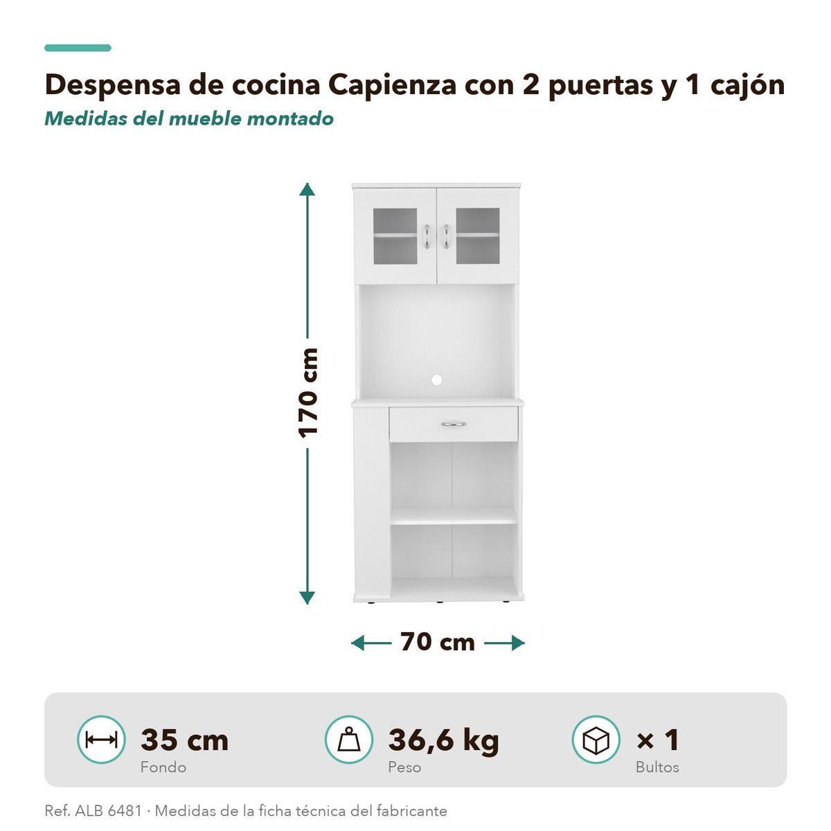 Despensa de cocina Capienza de 170 cm con 2 puertas y 1 cajón, blanco, medidas – TUHOME