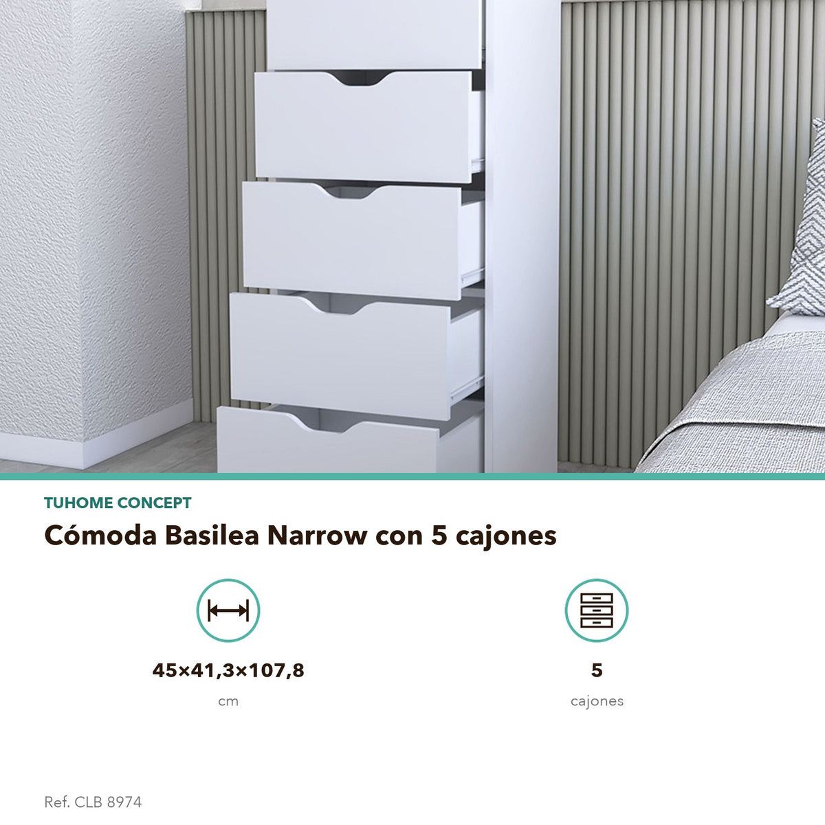 Cómoda Basilea Narrow de 45 cm, blanco, infografía – TUHOME