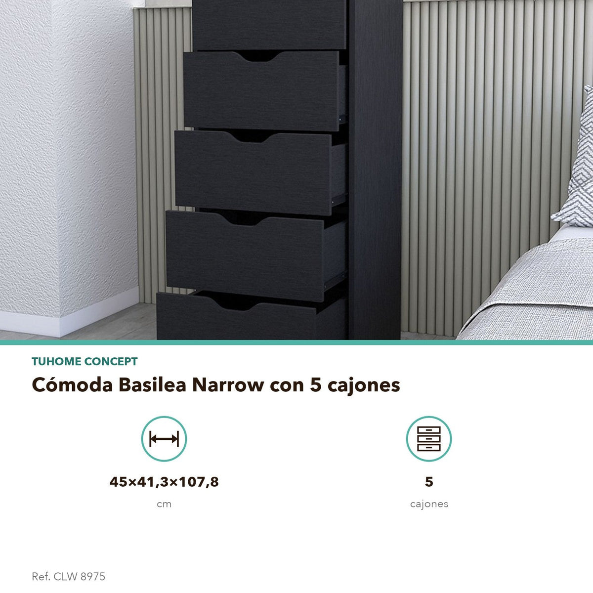 Cómoda Basilea Narrow de 45 cm, wengué, infografía – TUHOME