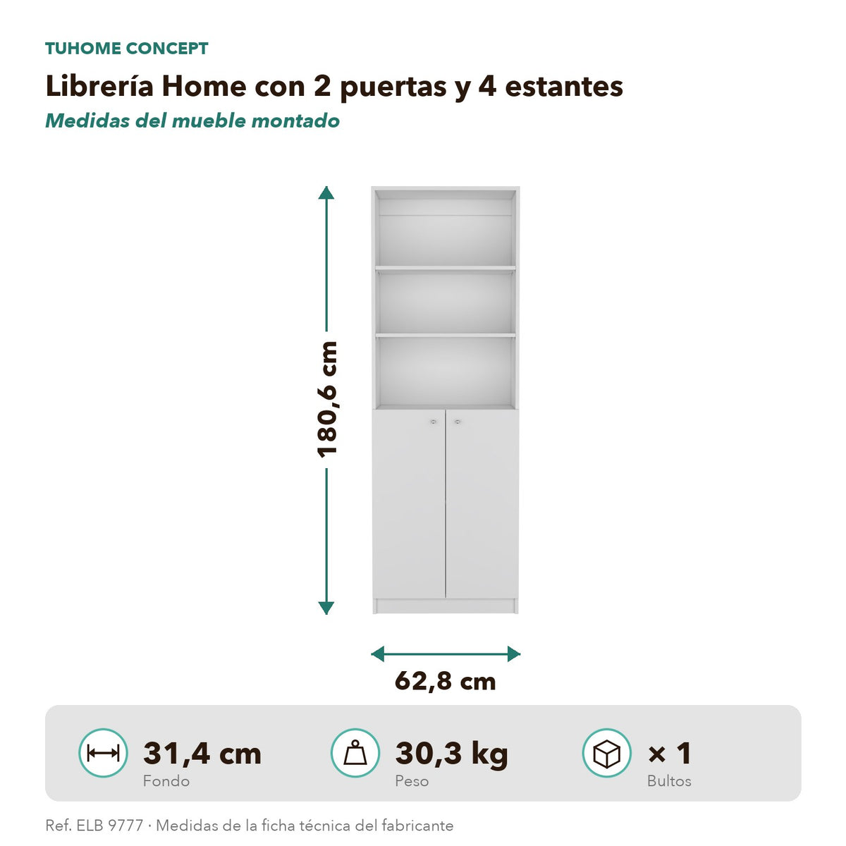 Librería Home de 181 cm con 2 puertas, blanco, infografía – TUHOME