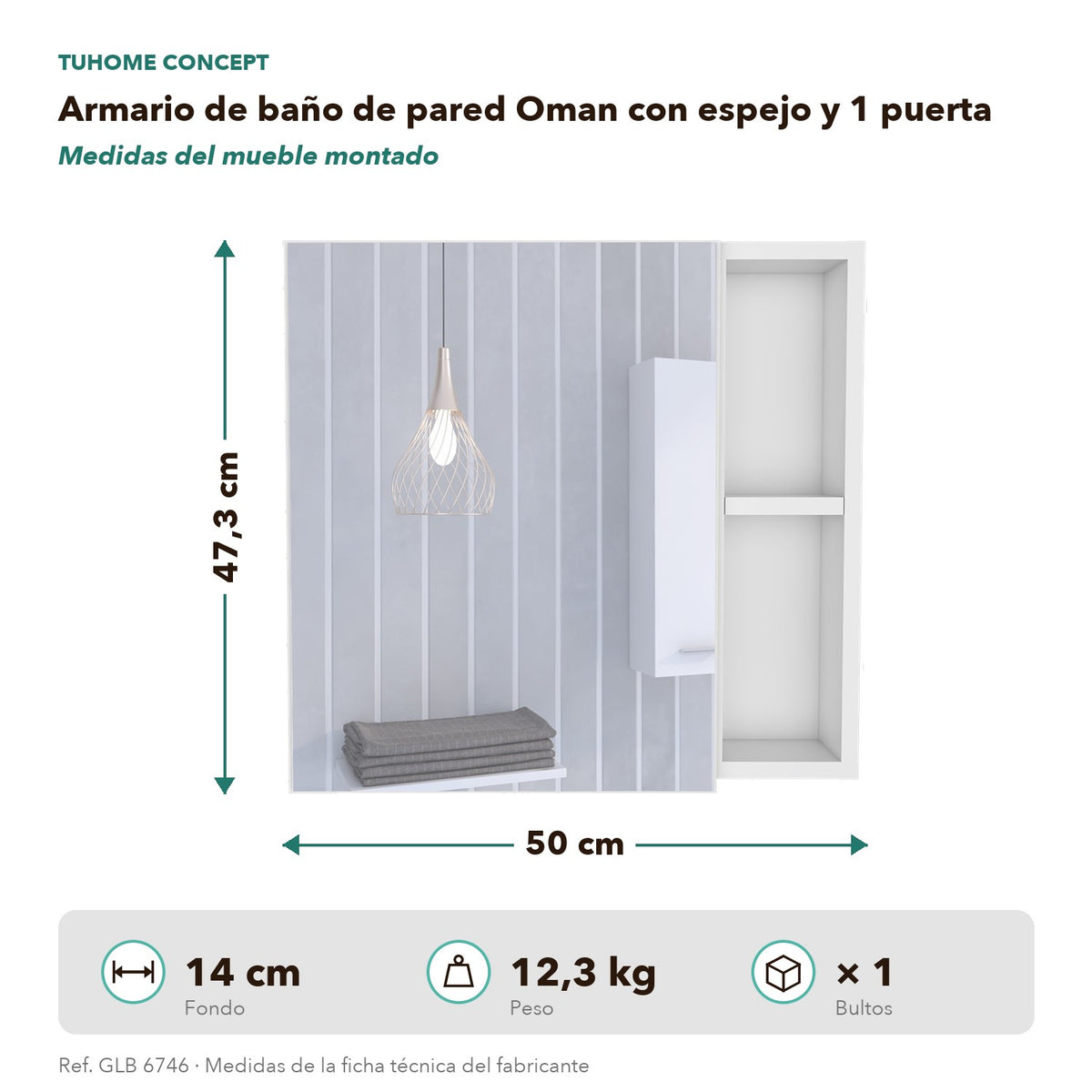 TUHOME CONCEPT Armario de baño de pared Oman de 50 cm, blanco