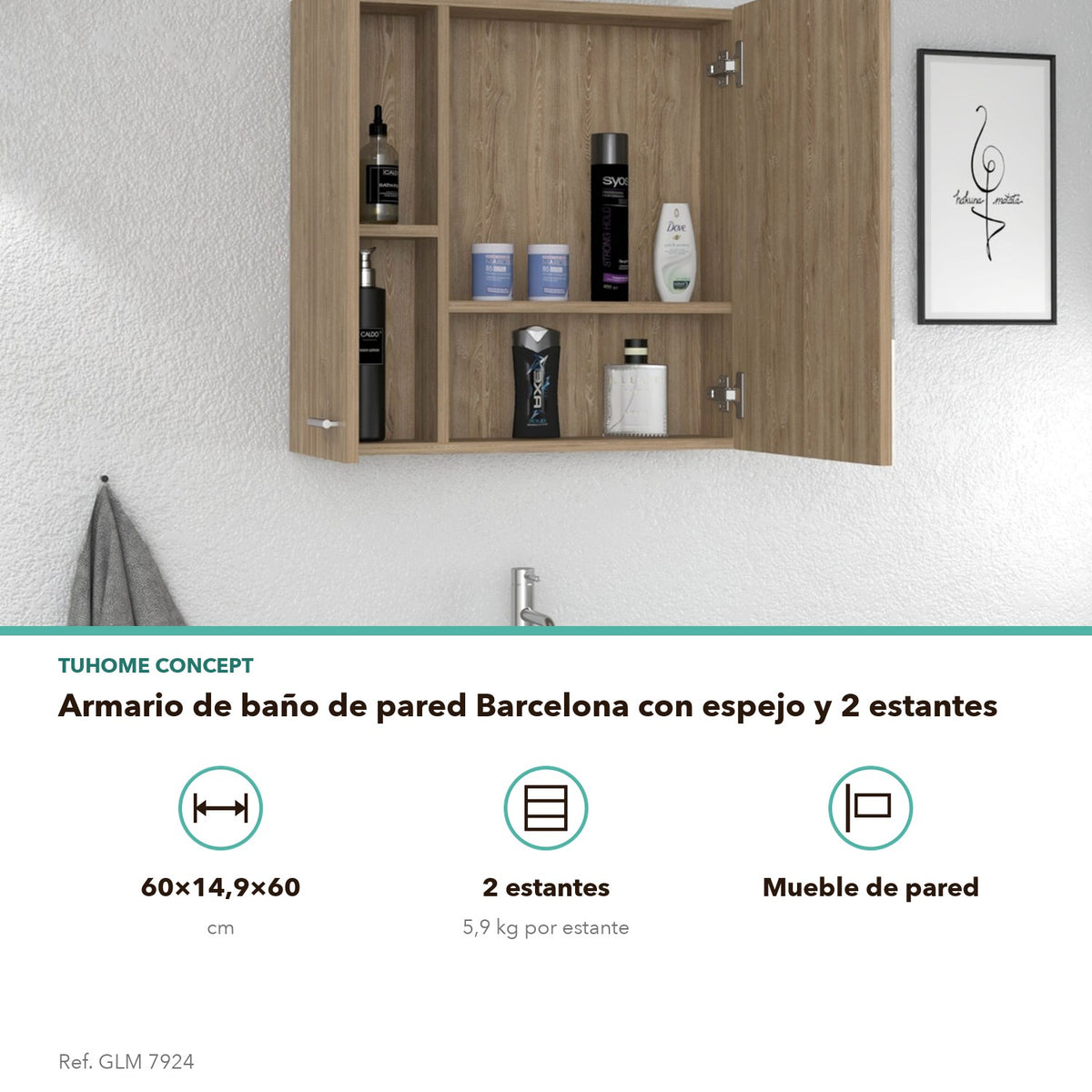 TUHOME CONCEPT Armario de baño con espejo Barcelona de 60 cm, roble miel