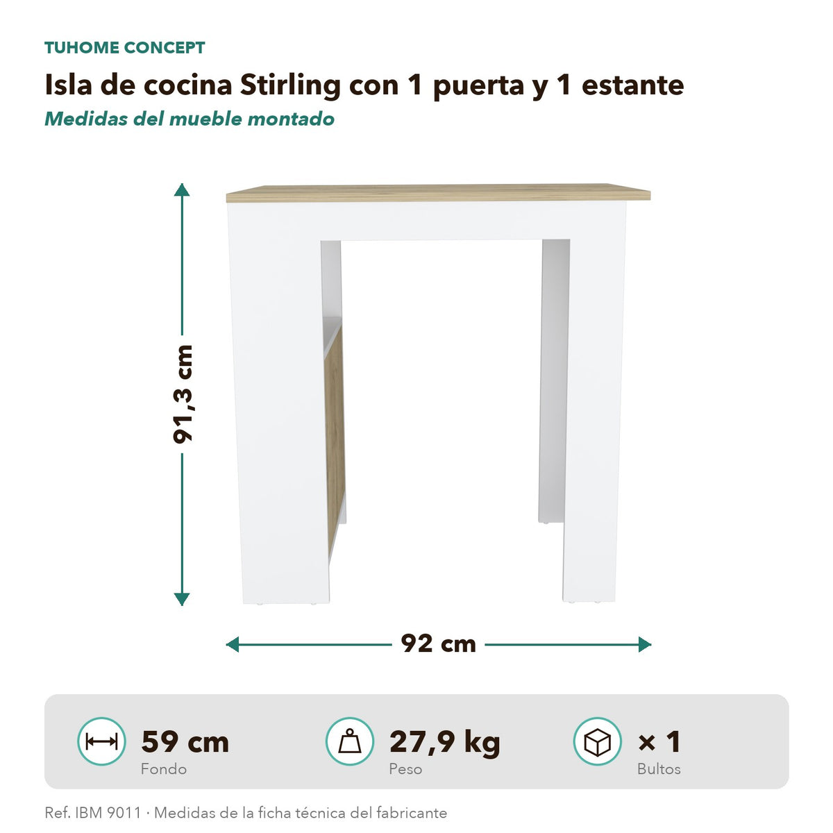 TUHOME CONCEPT Isla de cocina Stirling de 92 cm con 1 puerta, blanco y macadamia