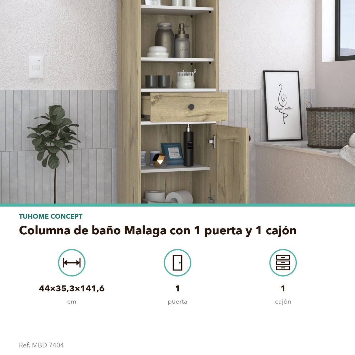 TUHOME CONCEPT Columna de baño Malaga de 142 cm, blanco y roble arena