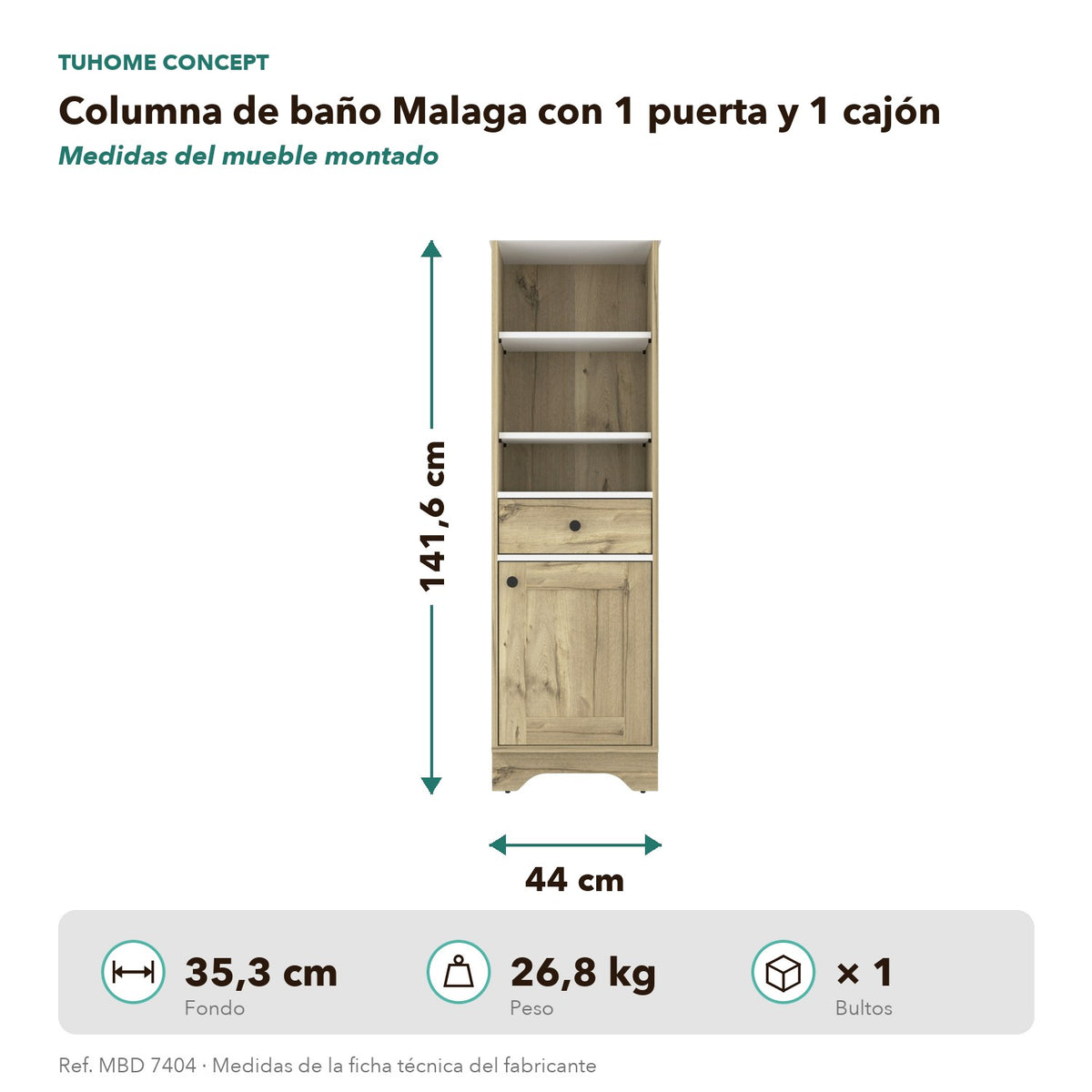 TUHOME CONCEPT Columna de baño Malaga de 142 cm, blanco y roble arena