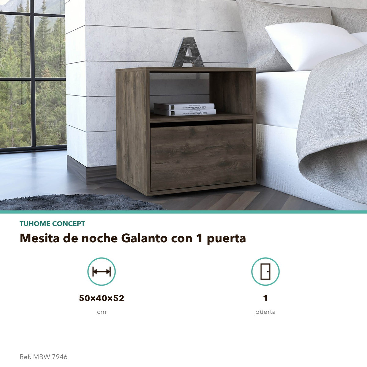 TUHOME CONCEPT Mesita de noche Galanto de 50 cm, roble oscuro