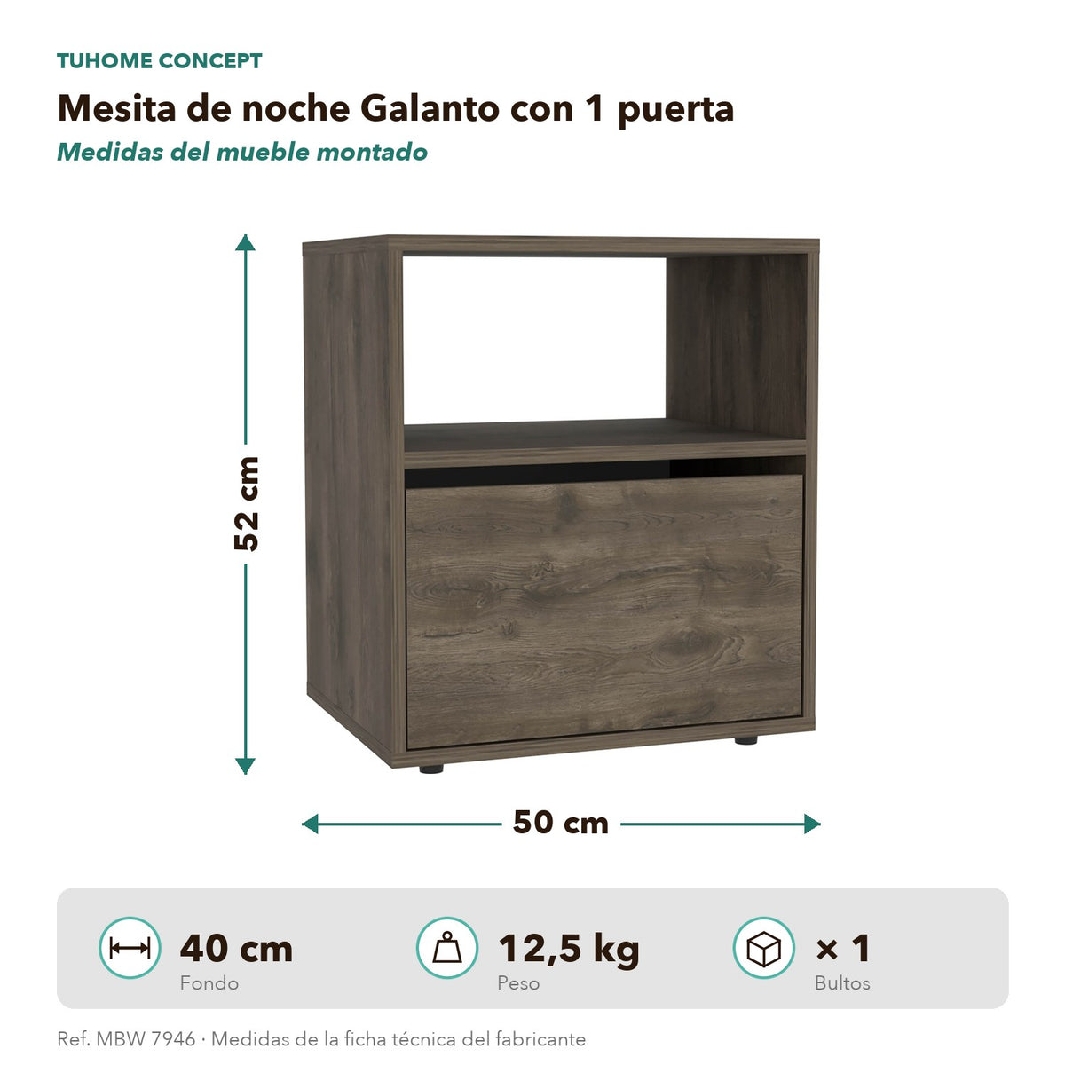 TUHOME CONCEPT Mesita de noche Galanto de 50 cm, roble oscuro