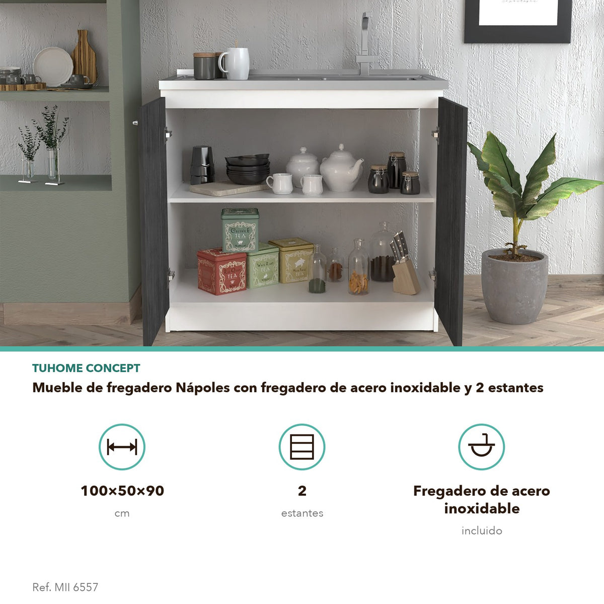 TUHOME CONCEPT Mueble de fregadero Nápoles de 100 cm, blanco y roble gris