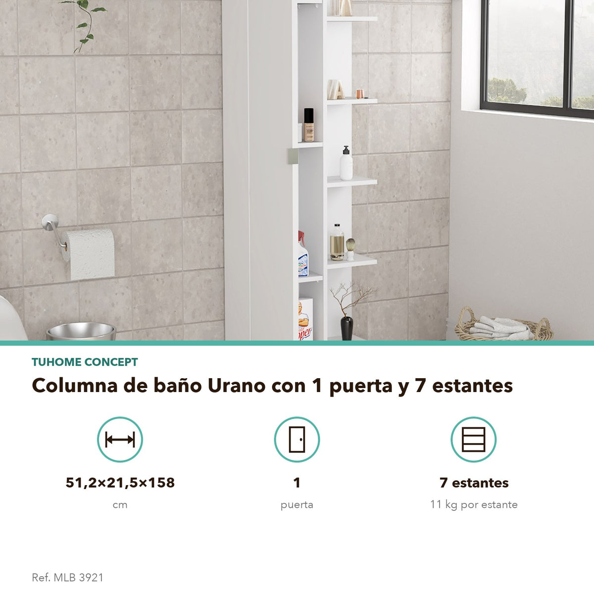 Columna de baño Urano 158 cm, 1 puerta y 5 estantes abiertos