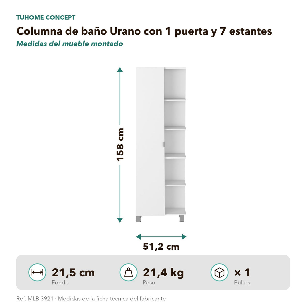 Columna de baño Urano 158 cm, 1 puerta y 5 estantes abiertos