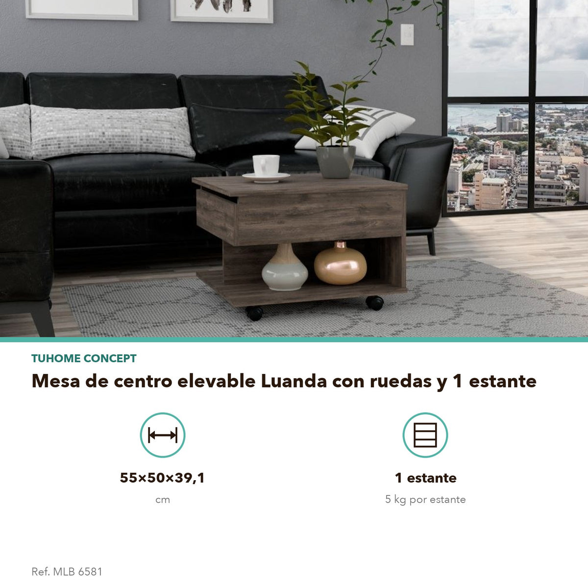 TUHOME CONCEPT Mesa de centro elevable Luanda de 55 cm con ruedas, roble oscuro