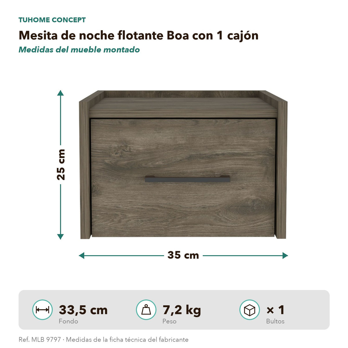 TUHOME CONCEPT Mesita de noche flotante Boa de 35 cm, roble oscuro