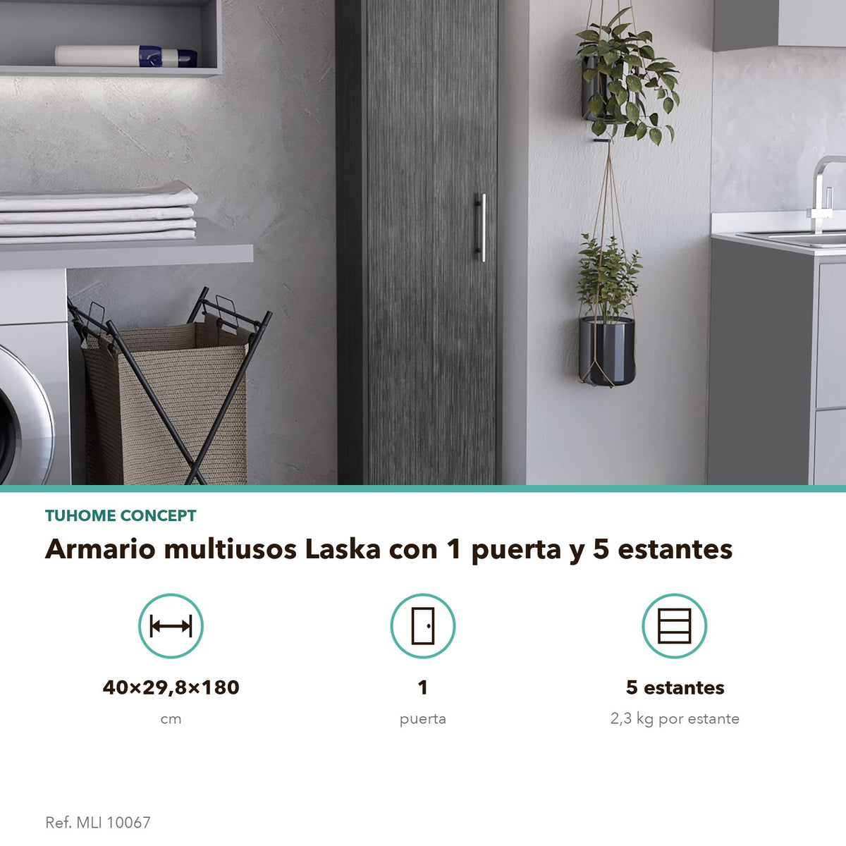 Armario multiusos Laska de 180 cm, roble gris, infografía – TUHOME