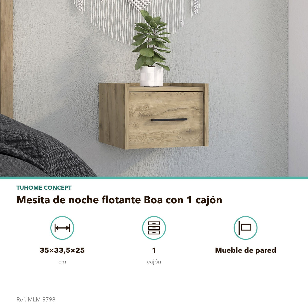 TUHOME CONCEPT Mesita de noche flotante Boa de 35 cm, macadamia