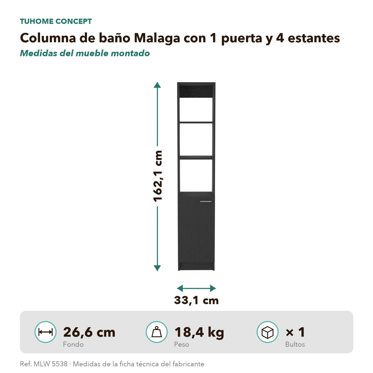 TUHOME CONCEPT Columna de baño Malaga de 162 cm, wengué