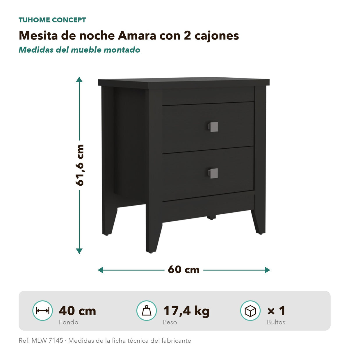 TUHOME CONCEPT Mesita de noche Amara de 60 cm con 2 cajones, negro