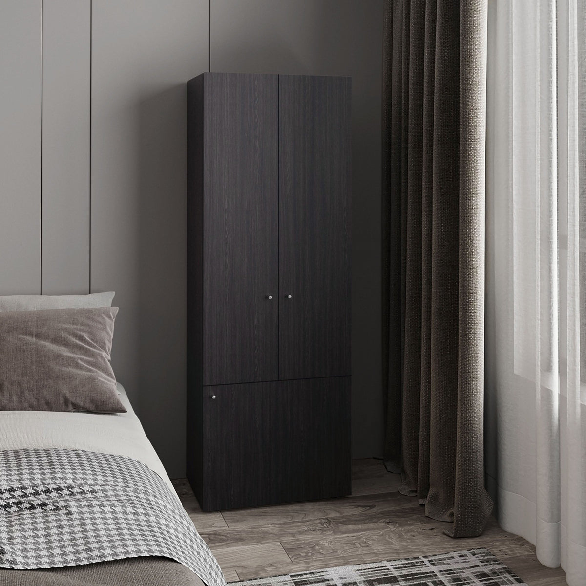Conjunto de 2 armarios Home de 170 cm: 2 puertas con barra + 3 puertas con estantes, wengué