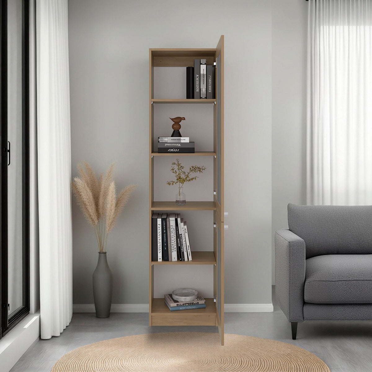 TUHOME CONCEPT Estantería alta Copenhague de 181 cm con 2 puertas de vidrio acanalado, fresno y blanco