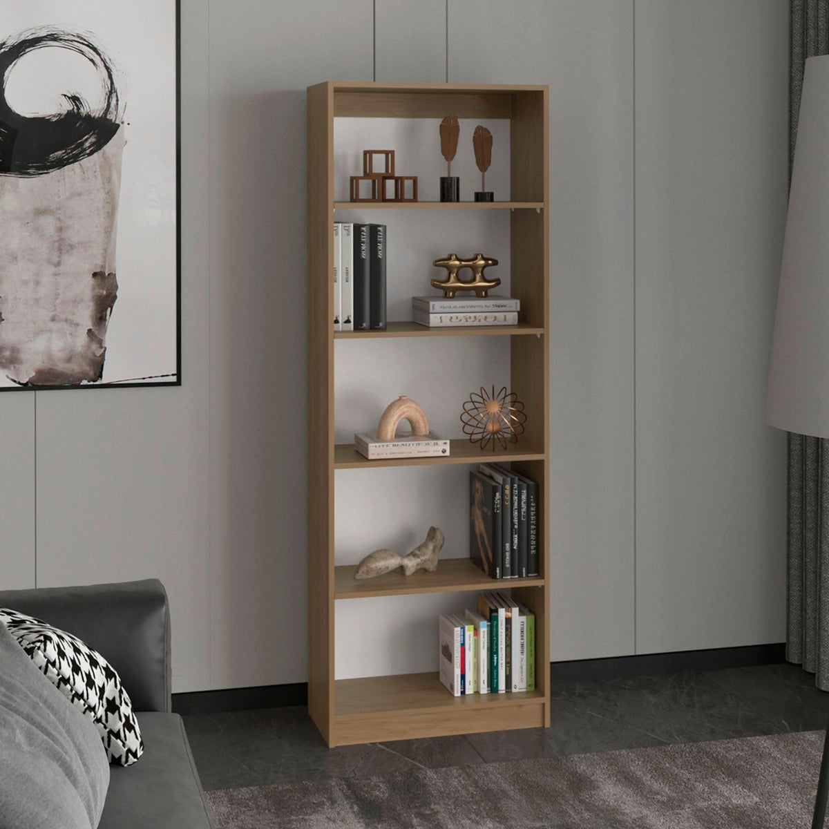 Conjunto de 4 librerías Home de 181 cm: 1 abierta de 4 huecos + 1 abierta de 5 huecos + 1 XS de 45 cm + 1 con 2 puertas, fresno