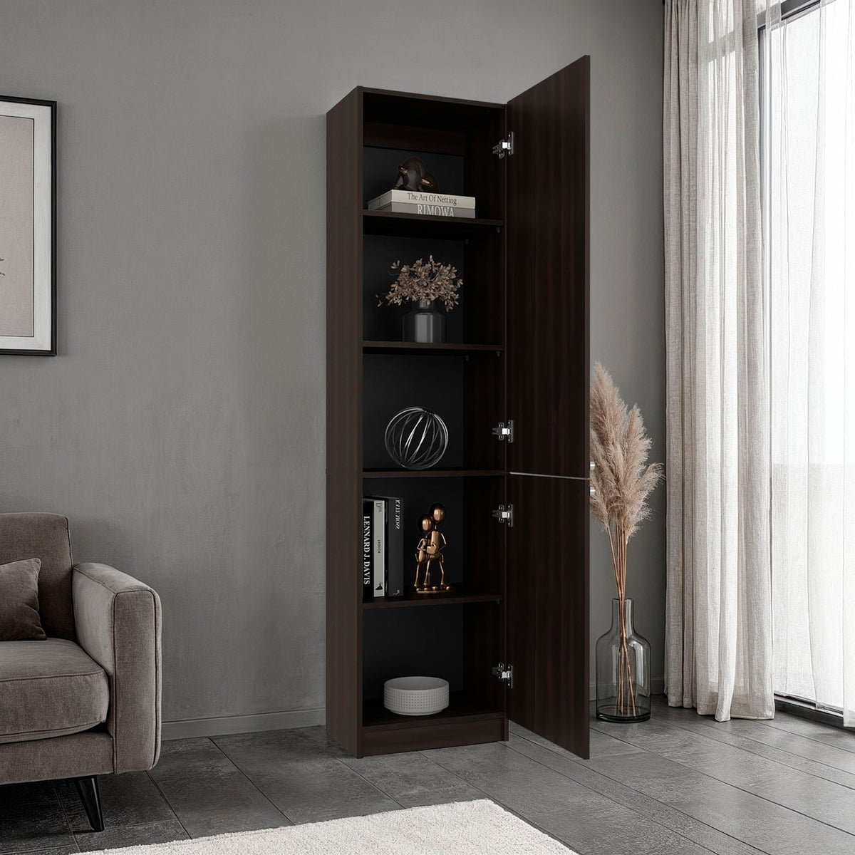 TUHOME CONCEPT Estantería alta Home M5 de 181 cm con 2 puertas, nogal y negro