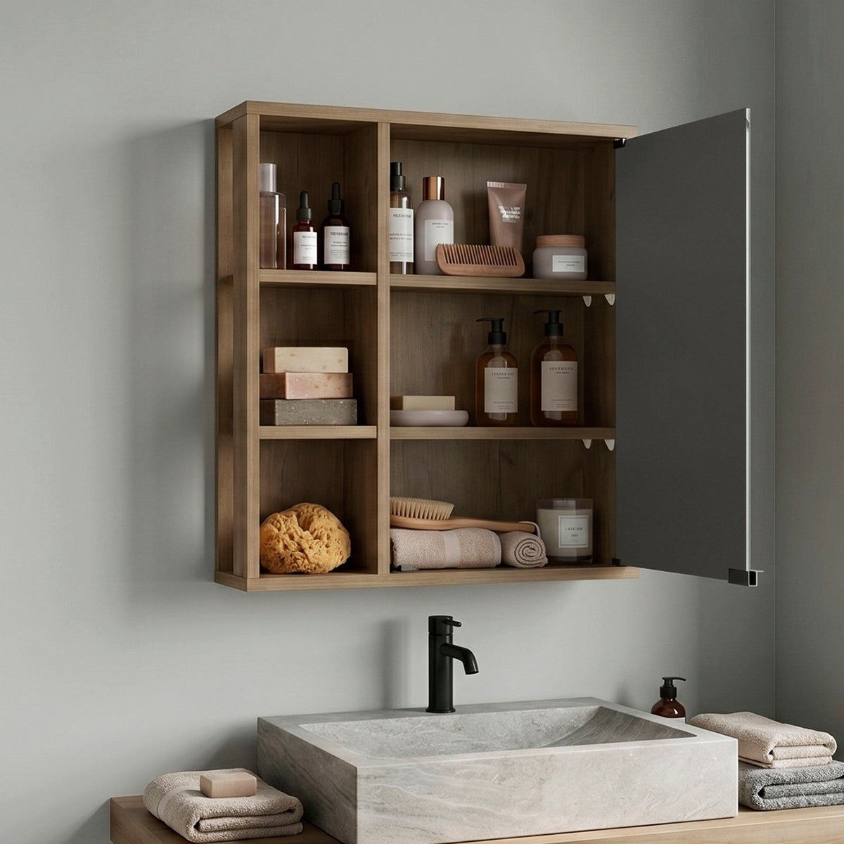 TUHOME CONCEPT Armario de baño de pared Berkel de 50 cm con espejo y estantes abiertos, fresno