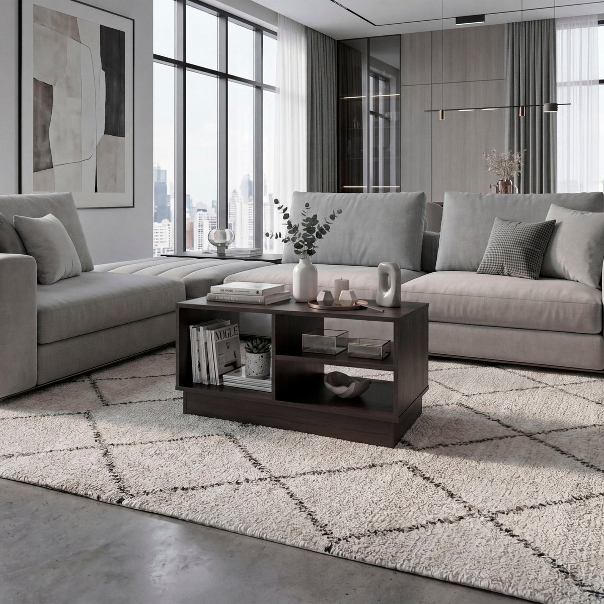 TUHOME CONCEPT Mesa de centro Caoba de 80 cm con huecos de almacenamiento, nogal
