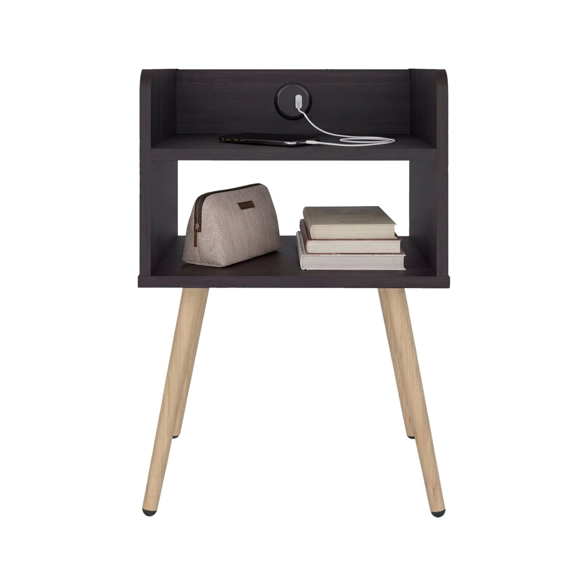 TUHOME CONCEPT Mesita de noche Didi de 40 cm con conector USB y 2 huecos, wengué