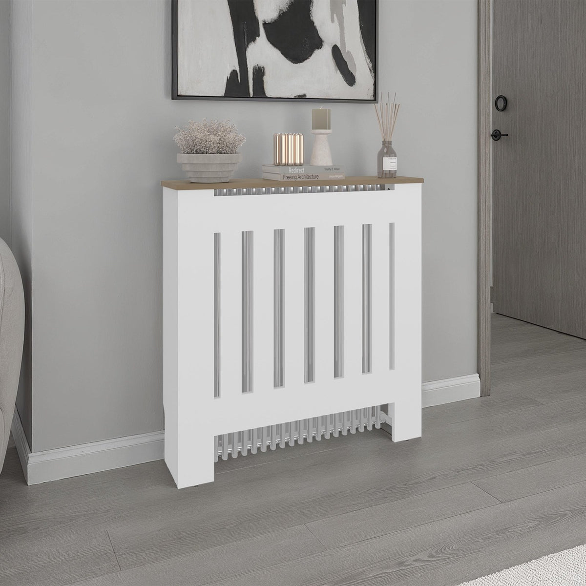 Cubreradiador Linn de 79 cm con lamas y estante superior, blanco