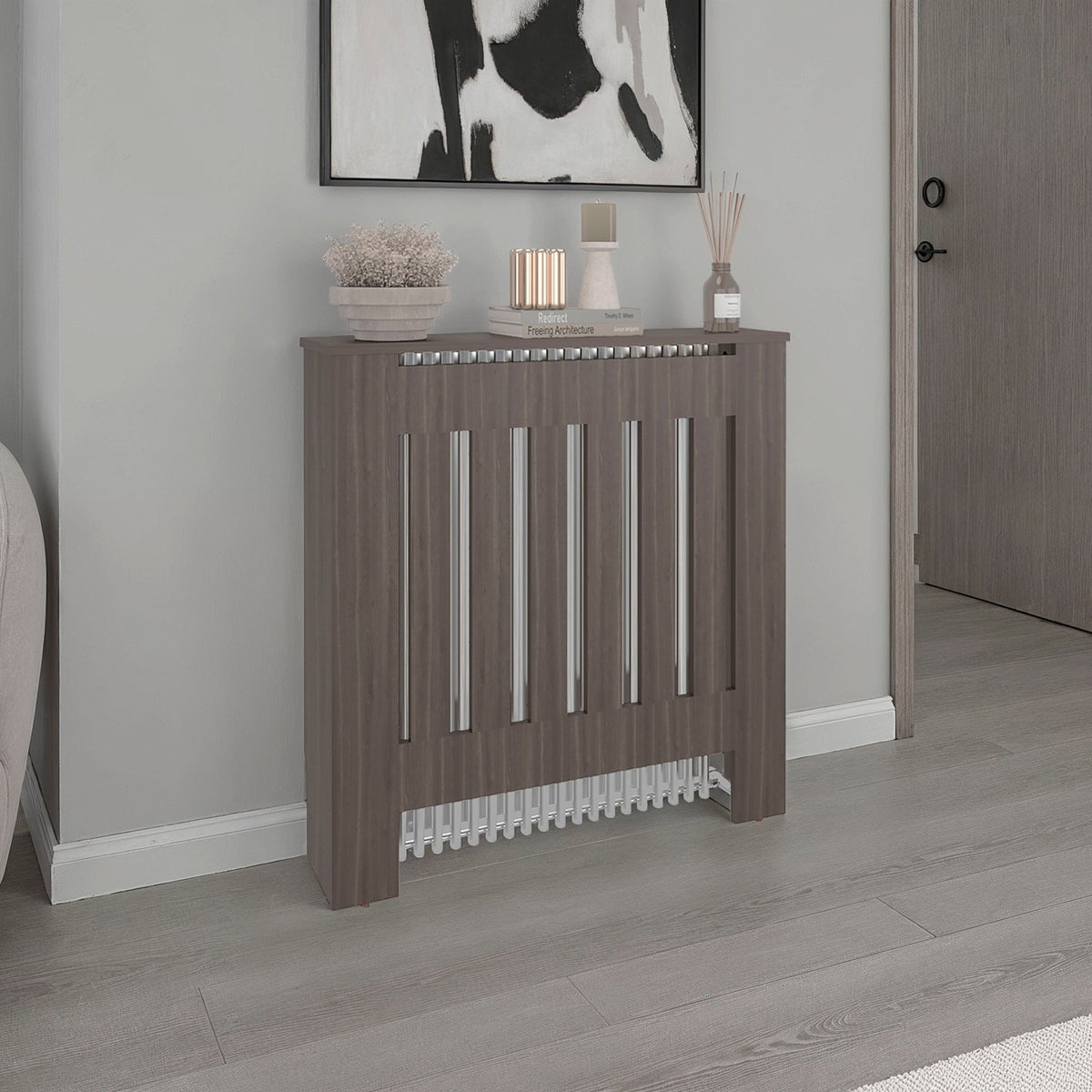 Cubreradiador Linn de 79 cm con lamas y estante superior, gris